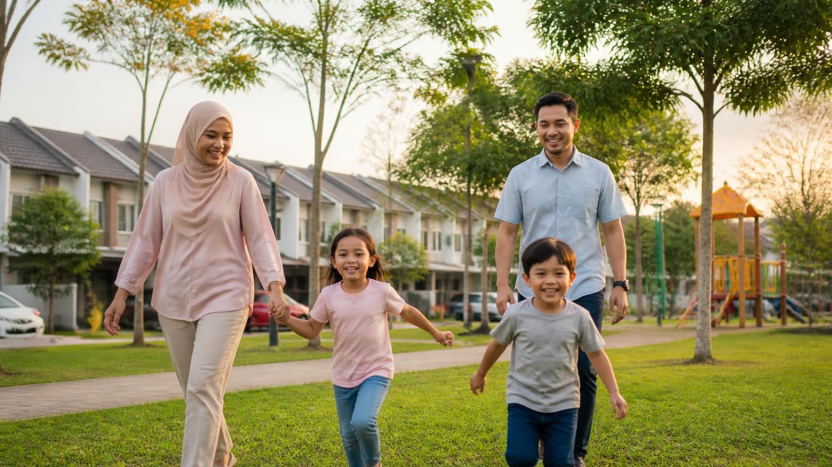 Keluarga berjalan di taman kejiranan yang terjaga