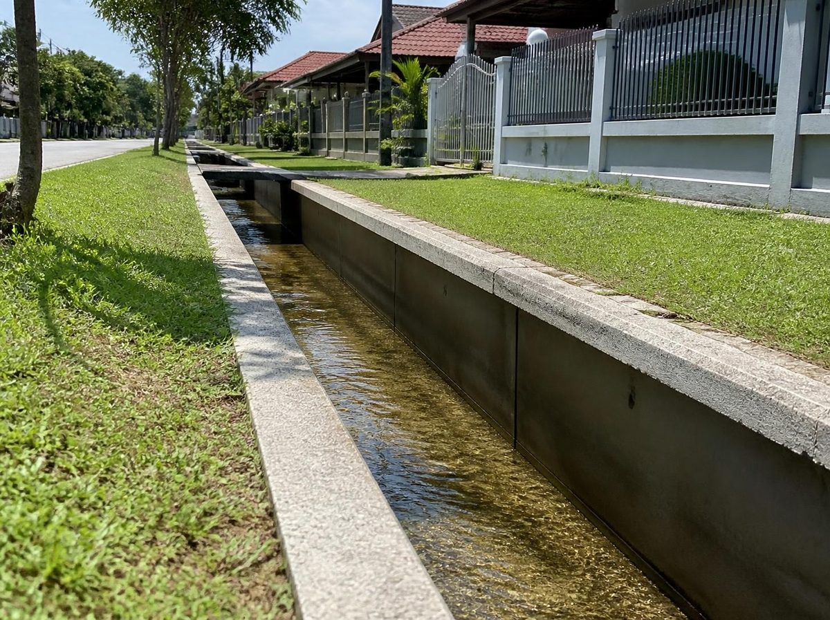 Longkang bersih dengan air mengalir lancar